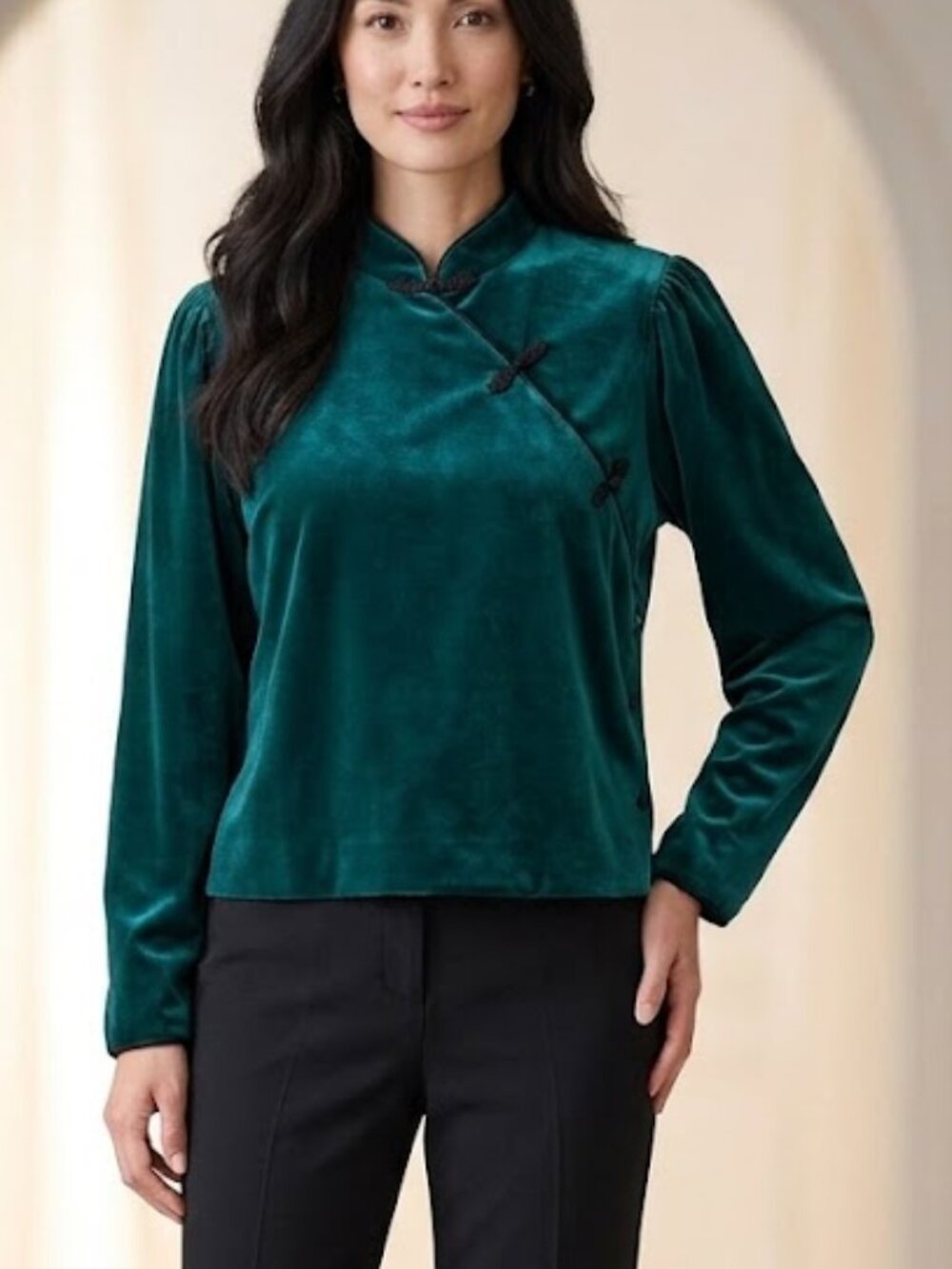 Teal Velvet Asian Top Jacket 16 XL Frog Button Evening Mandarin Collar Career